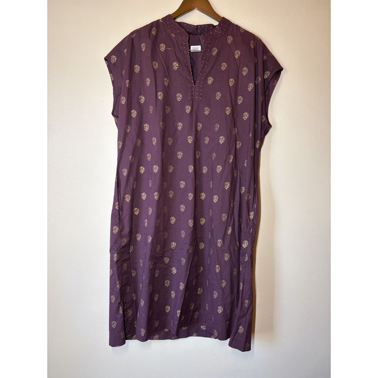 Toast Maroon & Gold V-Neck Tunic Dress India Cotton Block Print Midi Large